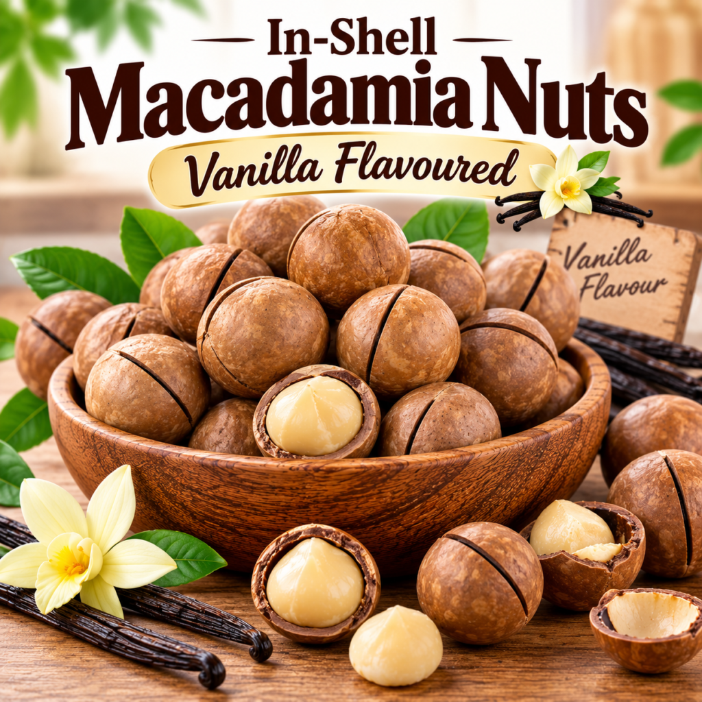 Enjoy the rich, creamy crunch of In-Shell Macadamia Nuts with a delicious Vanilla Flavour. Carefully selected for quality and freshness, these premium nuts are perfect for snacking and gifting. ✨ Product Highlights: Premium Quality Macadamia Nuts Delicious Vanilla Flavour Crunchy & Creamy Texture Perfect for Snacking Great for Gifting Fresh & Hygienically Packed Premium Exotic Nut