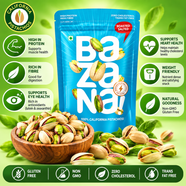 Bazana Premium Roasted & Salted Californian Pistachios, 250gm| Perfectly Roasted Savory Nuts | Pista with Shell | Crunchy, Protein-Rich Healthy Snacks