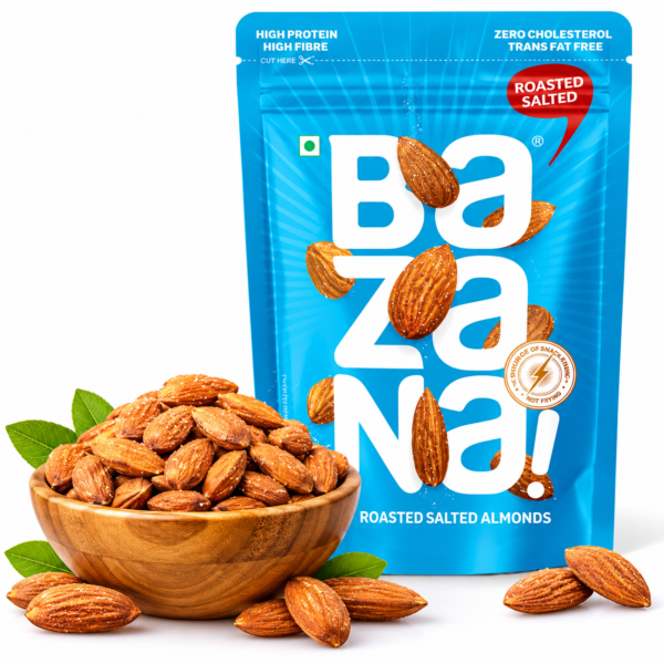 Bazana Premium Roasted Salted Almonds/Badam, 250g | Perfectly Roasted Savory Nuts | Crunchy, Protein-Rich Healthy Snacks